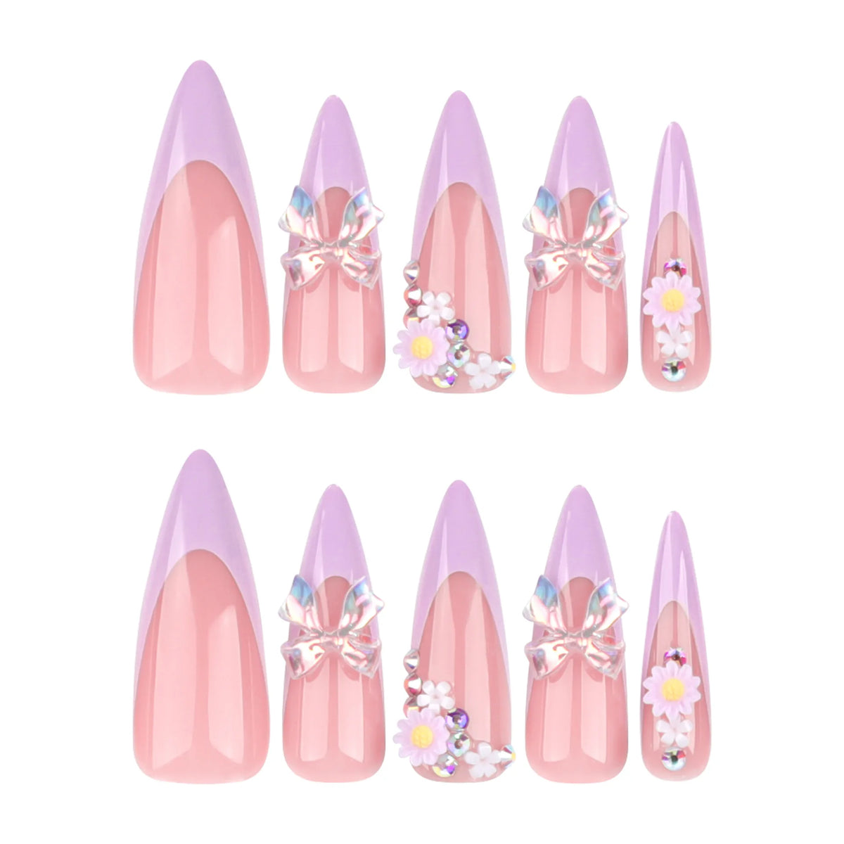 24Pcs Long Stiletto Almond Head Fake Nails with Rhinestone Design Wearable Pink French Press on False Nails Jelly Stick-ons