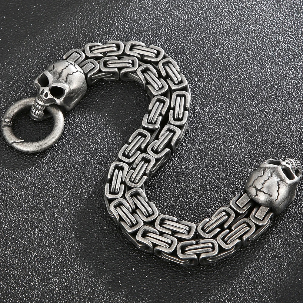 Punk Rock Skull Bracelet for Men - 316L Stainless Steel Double Link Chain with Skull Charm | Gothic Style