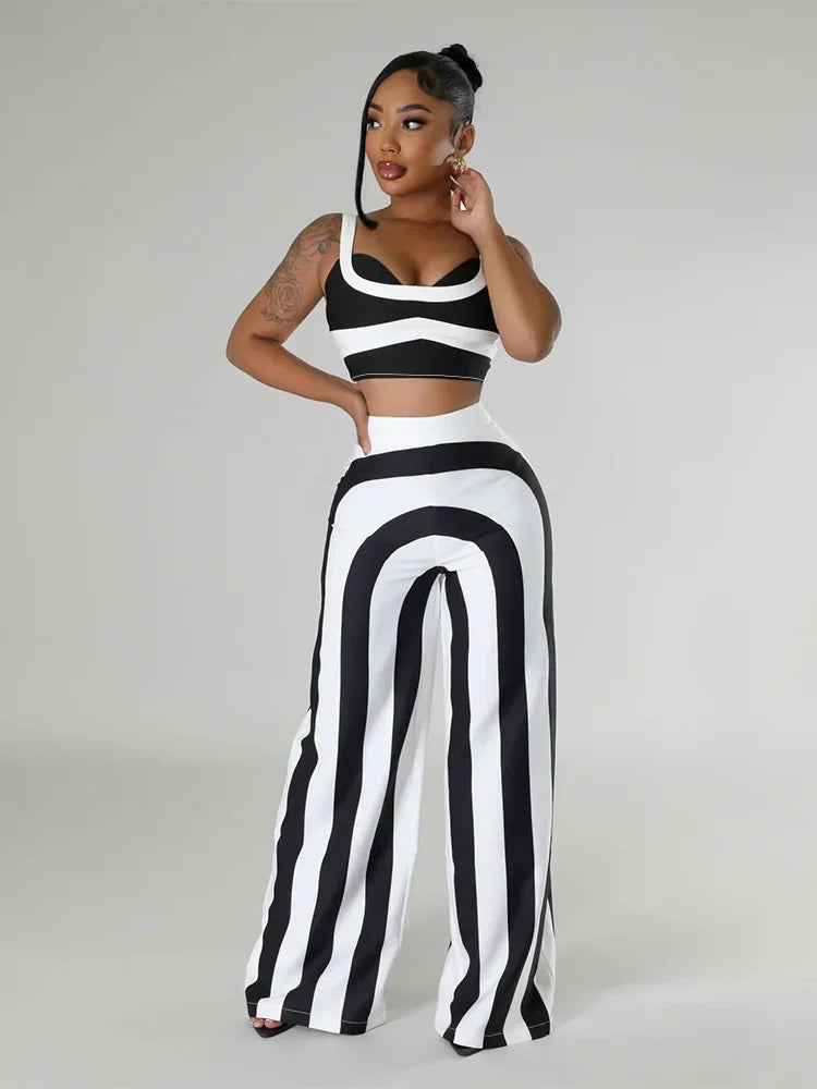 Wmstar Women Two Piece Set Summer Casual Striped Print Suspender V Neck Sleeveless Top Straight Pants Streetwear Lady Outfits