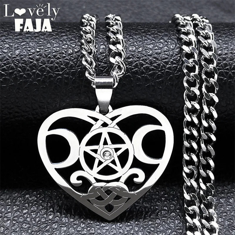 Wicca Heart Triple Moon Pentagram Goddess Necklace – Stainless Steel with Crystal, Celtic Knot Magic Jewelry Gift