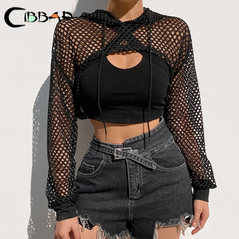 CIBBAR Street Style Fishnet T-Shirt - See-Through Hollow Out Hooded Full Sleeve Crop Top for Women, Casual Loose Shirt Smock Ideal for Fall