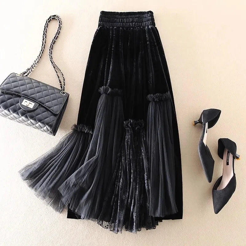 2024 Spring/Autumn Women's Elastic High Waist Pleated Wrap Skirt – Casual Velvet and Mesh Spliced Black Skirt