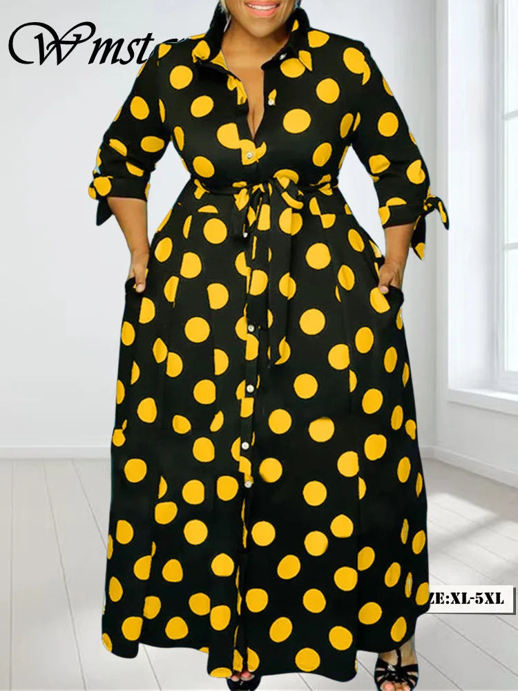 Wmstar Plus Size Dresses for Women Dot Printed with Pockets Slashes Fashion Party Maxi Dress Hot Sale Wholesale Dropshipping