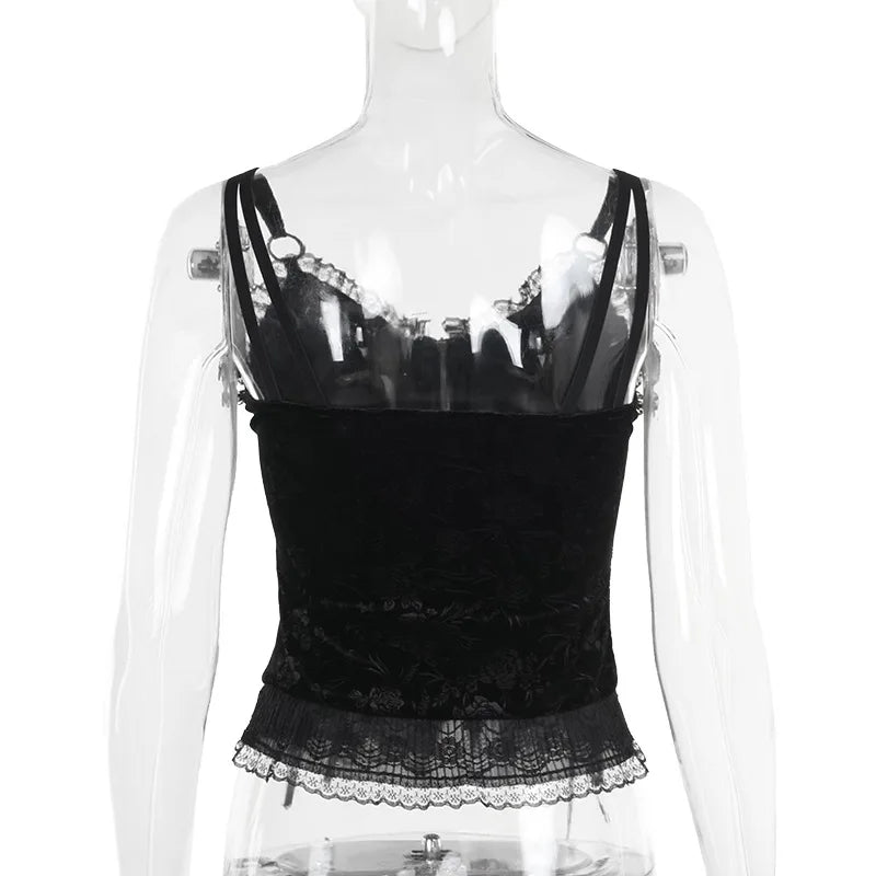 Goth Dark Y2K Lace Patchwork Spaghetti Strap Tank Top – Cyber Jacquard Bandage Crop Top with Zip