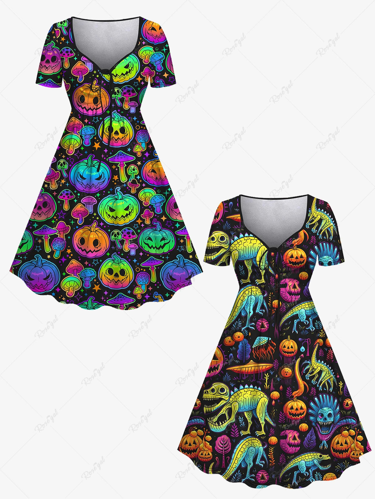 Plus Size Halloween Gothic Dress - Colorful Skull, Dinosaur, Sailor, Pumpkin, Mushroom, and Star Print. Casual or Party Outfit for Women