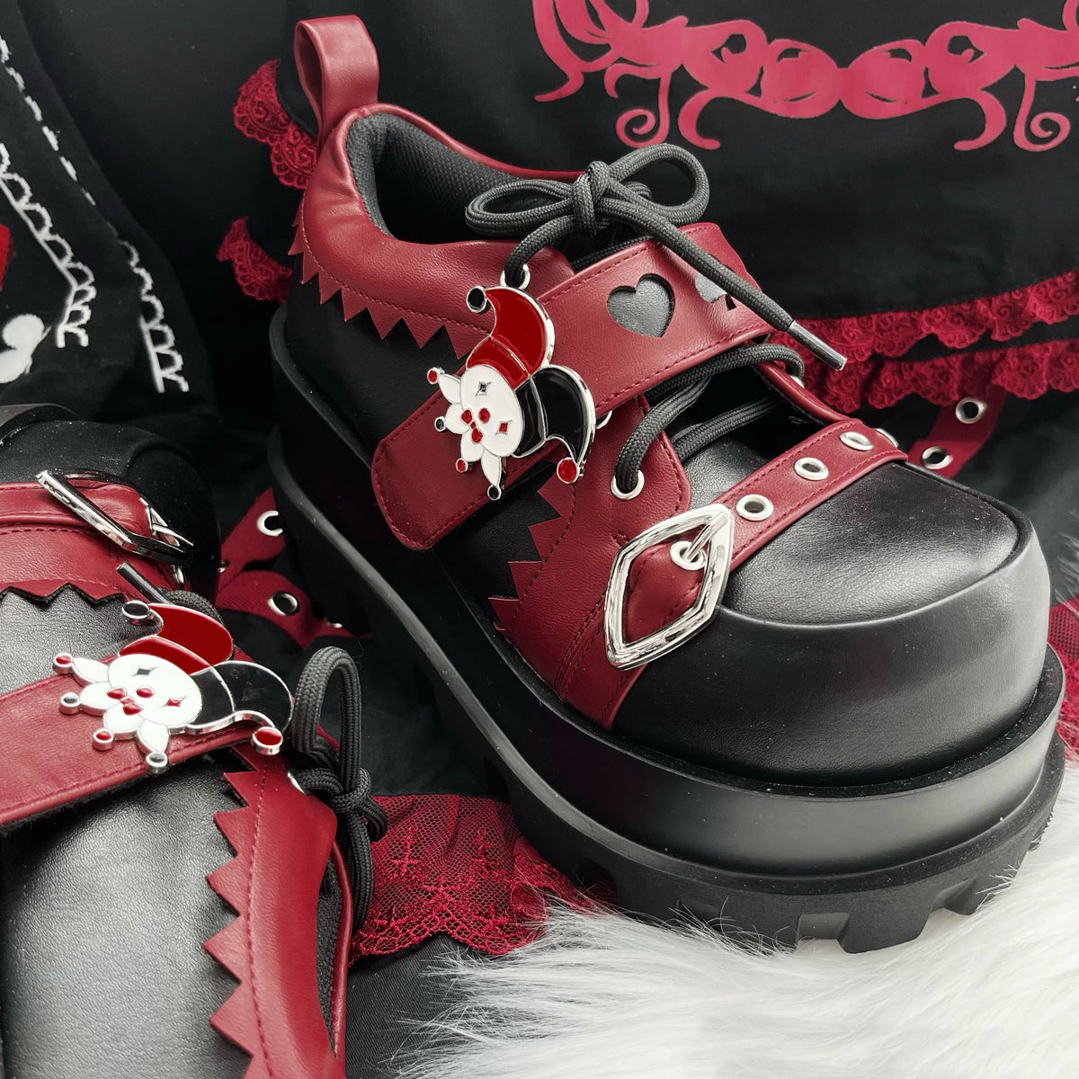 Y2k Subculture Clowns Punk Sneakers Round Toe Platform Thick Bottom Mixed Color Lace-Up Belt Buckle Novelty Fashion Women Shoes