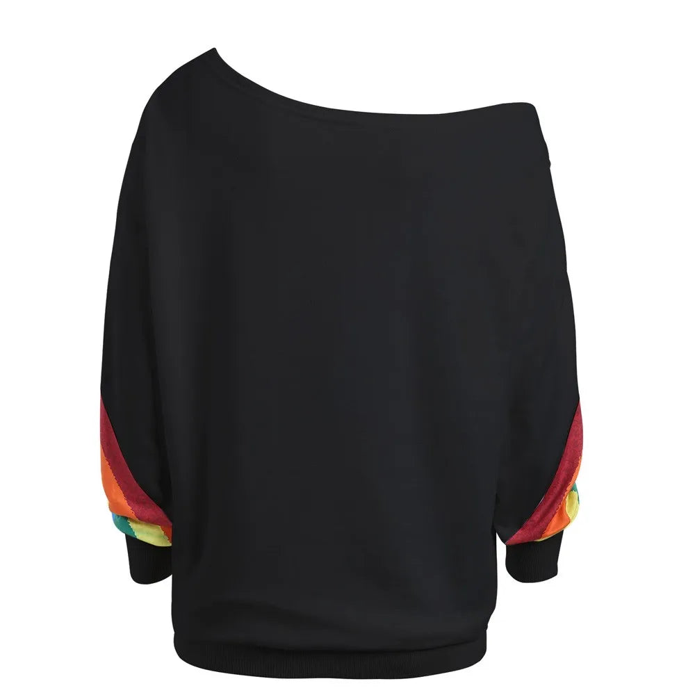 Off The Shoulder Rainbow Stripes Pullover Long Sleeved Women’s Printed Sweatshirt