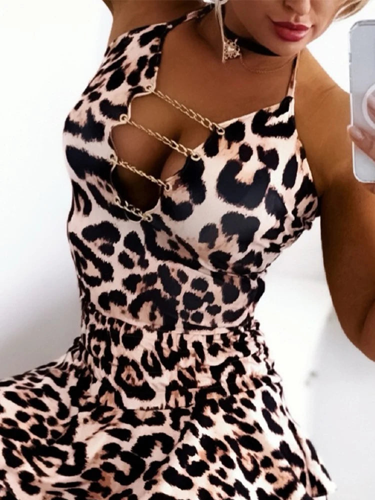 Leopard Print Halter Chain Decor Romper | Women’s Stylish Animal Print Romper | Trendy Halter Neck Playsuit