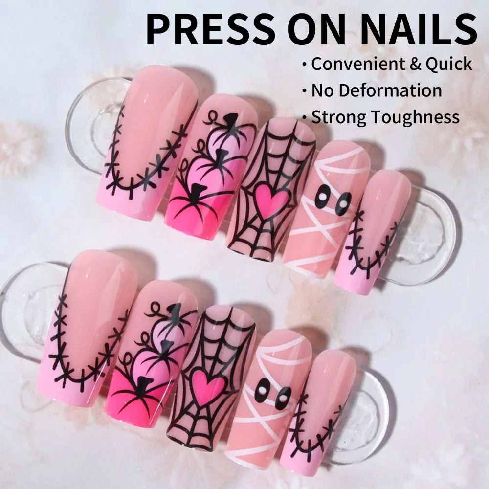 24pcs Halloween Press-On Nails – Medium Square Pink Nails with Pumpkin, Mummy, and Cobweb Design for Women