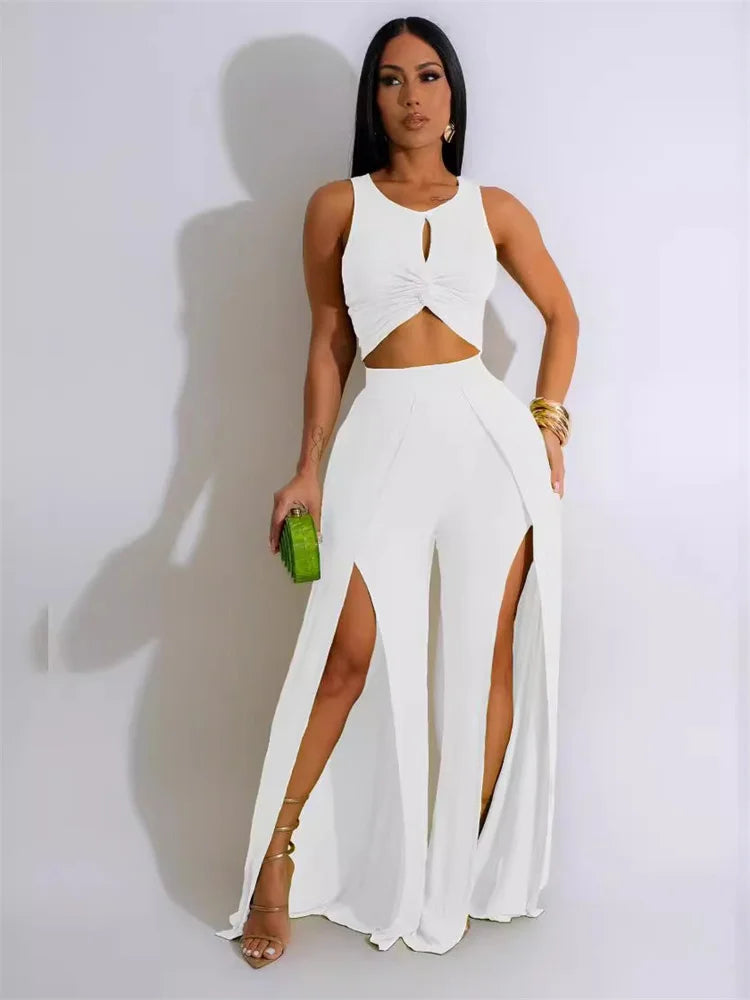 Wmstar Women 2 Piece Set Outfit Fashionable Sleeveless White Casual Suit with Split Vest Wide Leg Pants Wholesale Dropshipping