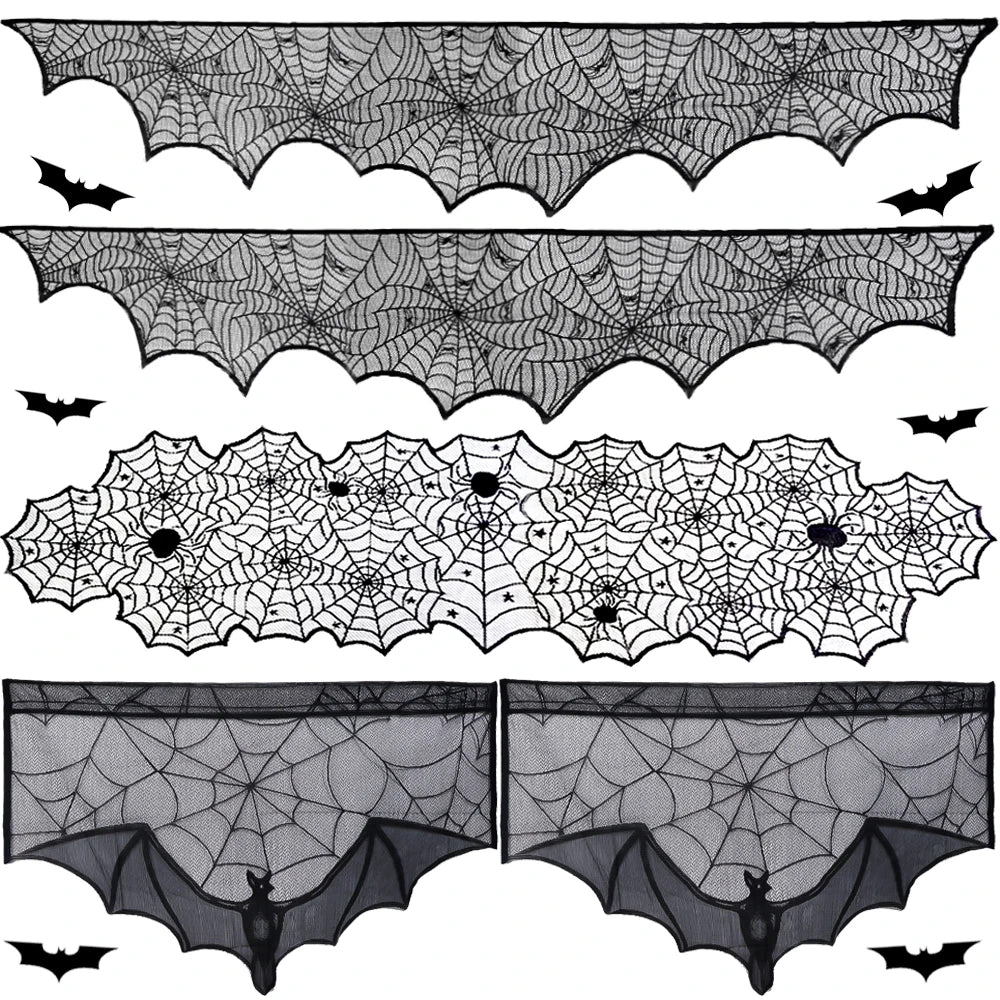 Halloween Bat and Spider Web Table Runner - Lace Cobweb Door Curtain, Ideal for Gothic Halloween Decoration