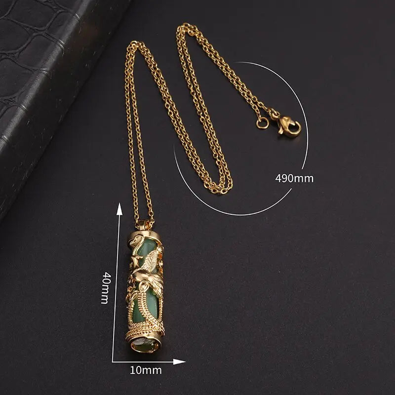 Classic Retro Gold Inlaid Imitation Jade Dragon Phoenix Gilt Necklace Pendant - Craftsmanship Jewelry for Men, Women, and Couples