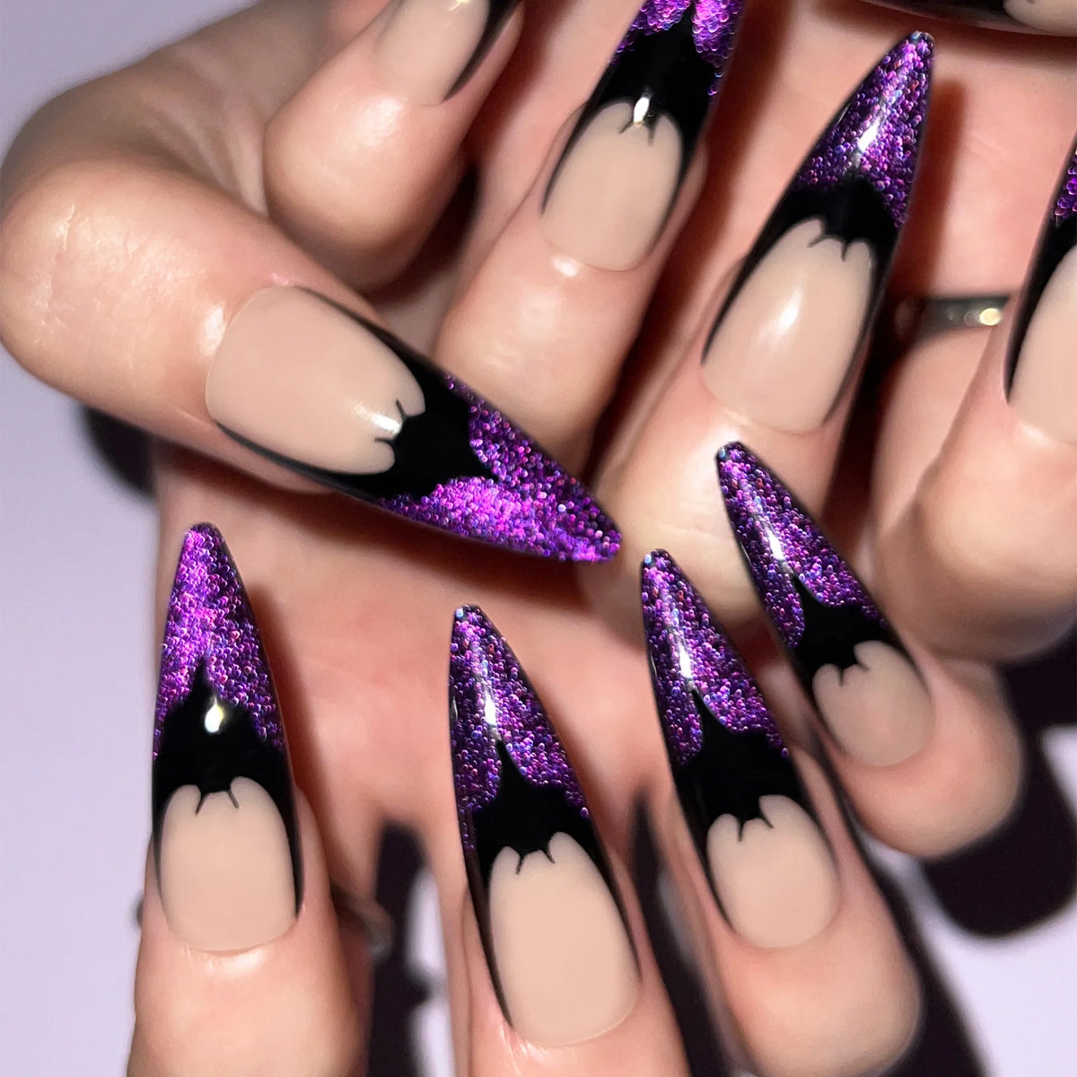 Halloween Long Stiletto Press-On Nails - Purple Glitter with Bat Design, French Tip, False Nails with Glue