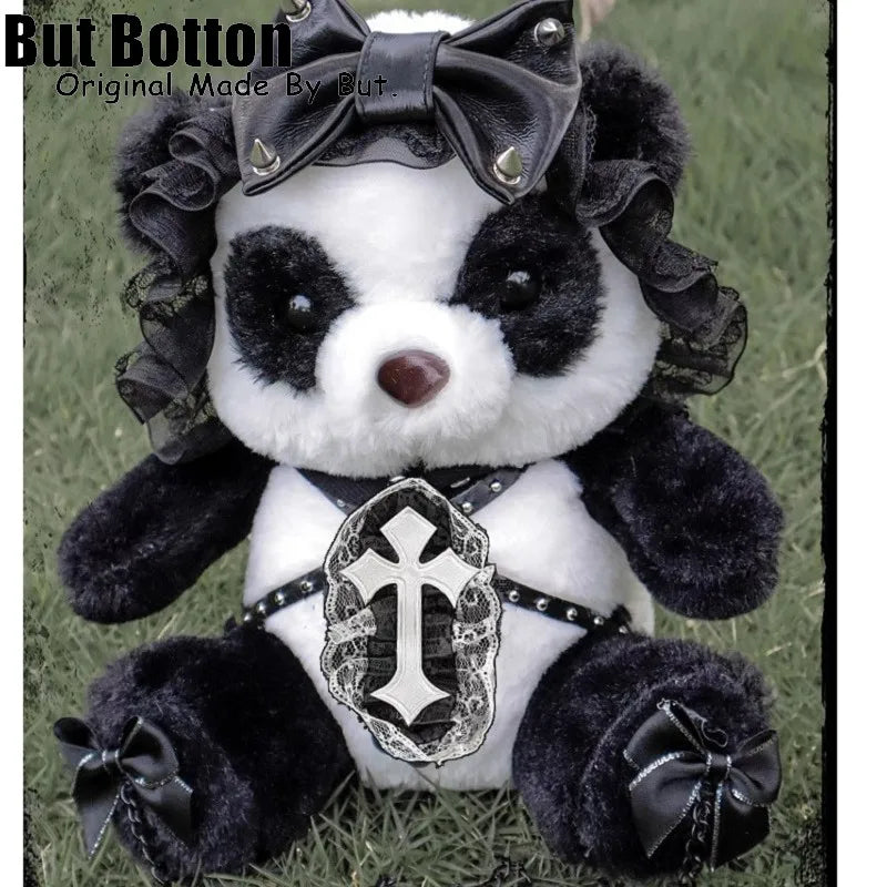 Lolita Goth Panda With Bats And Bows Soft Plush And Lace Accent Novelty Crossbody Handbag