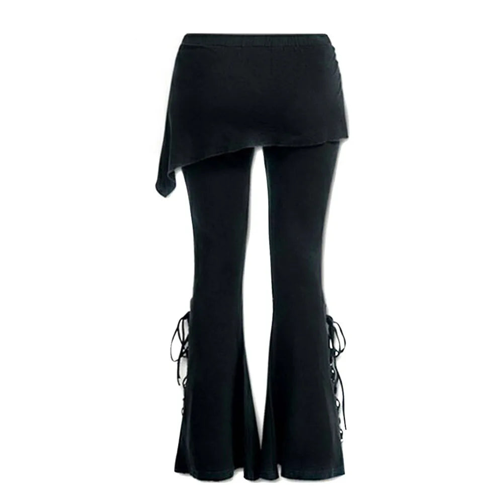 Gothic Punk Lace-Up Black Pants - High Waist Stretch Flared Leggings with Skirt for Women