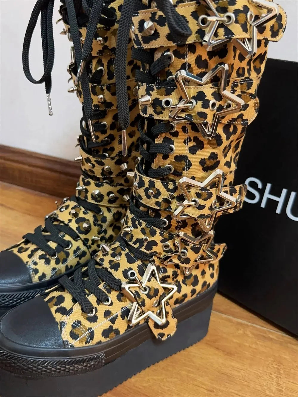 Women Motorcycle Boots woman high thick Heels pumps Cool Lady knight boots girl punk Retro Leopard Maillard long canvas boots