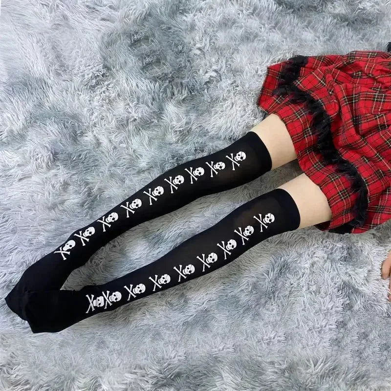 Skull Bat Gothic Dark Thigh High Stockings – Women’s Spider Harajuku Emo Alternative Tights, Sexy Lingerie Skin Hosiery