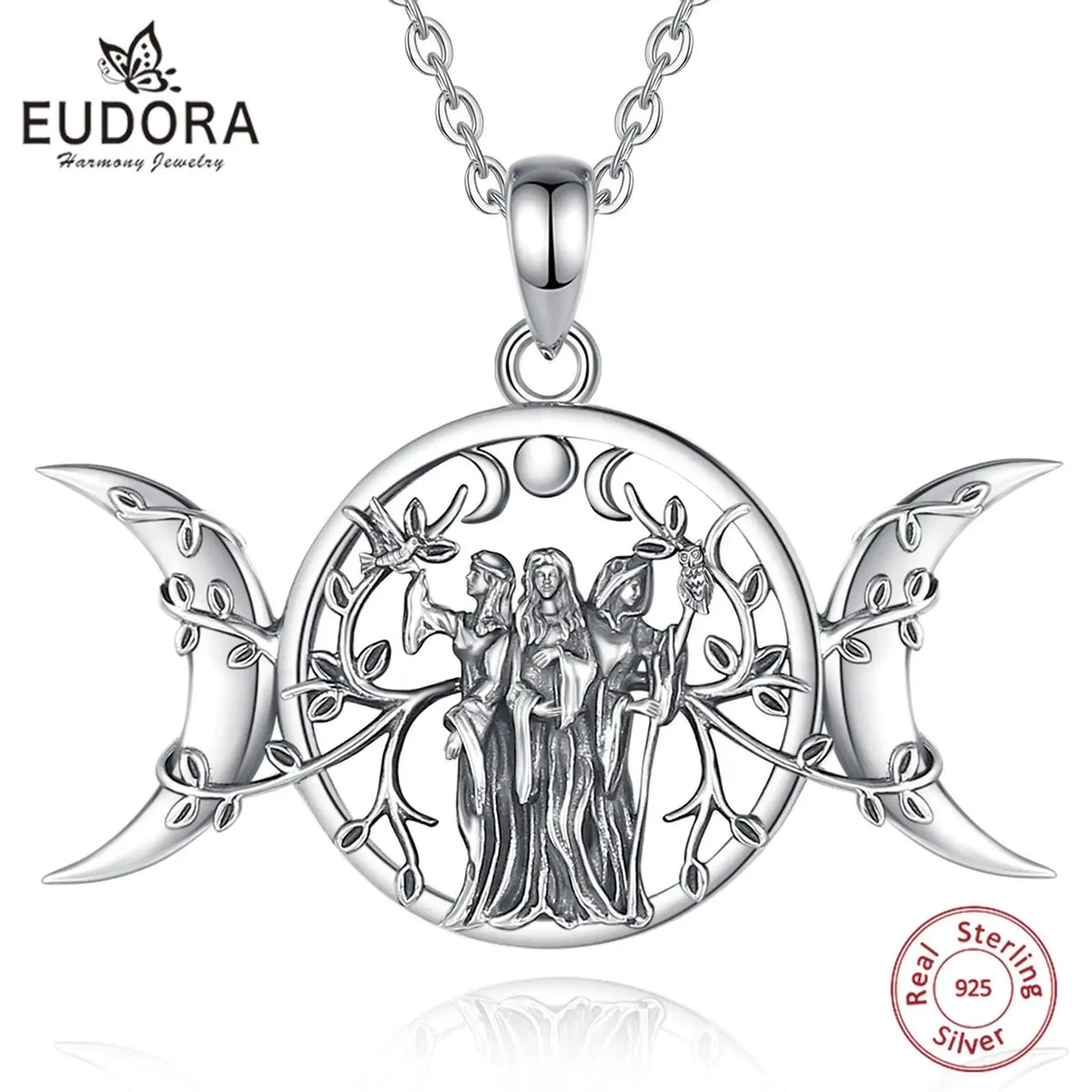 Eudora 925 Sterling Silver Triple Moon Goddess Necklace - Vintage Hecate Amulet Pendant | Triple Goddess Jewelry Gift for Women and Men