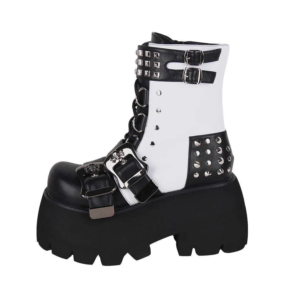 Women Gothic motorcycle Punk Dark Street Style boots lady short ankle customized Boots woman high heels pumps shoes black rivets