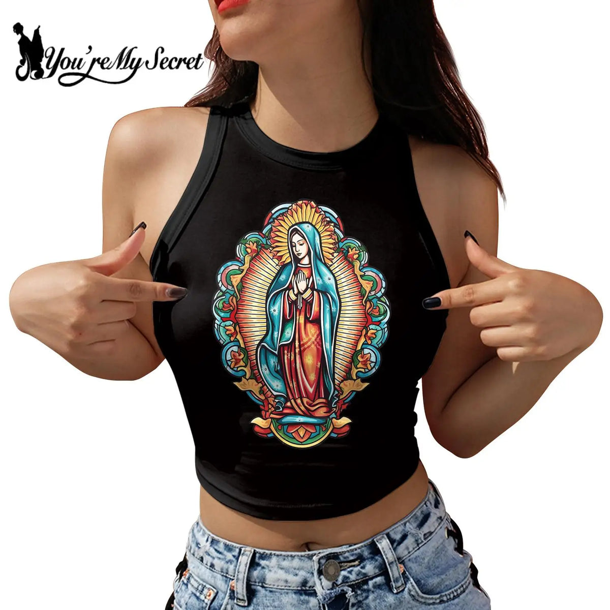 [You're My Secret] Women Vest Crop Tops Girl Sleeveless Top Women O-Neck Sexy Crop Vest Virgin Mary Streetwear Sleeveless Summer