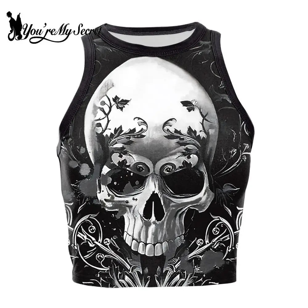 [You're My Secret] Sexy Vest Crop Top Women Y2K Skull Print Crop Top Summer Casual Fitness Holiday Party Black Tank Tops