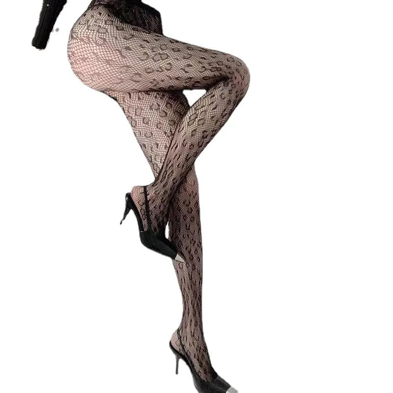 Vintage Leopard Print Jacquard Pantyhose Women's Sexy Slimming Hollow Net Socks Black Stockings