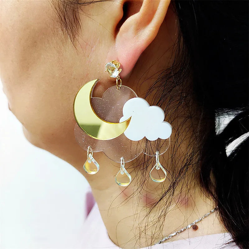 KUGUYS Moon Clouds Rain Dangle Earrings - Acrylic Fashion Jewelry Cute Accessories for Women and Girls