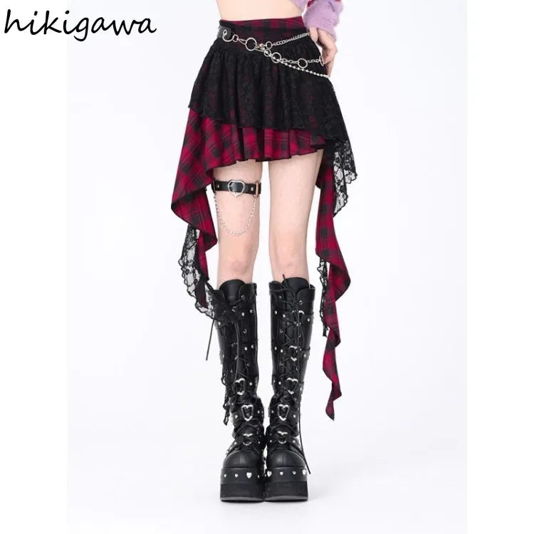 Harajuku Women's High-Waist Lace Plaid Skirt - Irregular Mini Skirt for Summer 2024 Streetwear