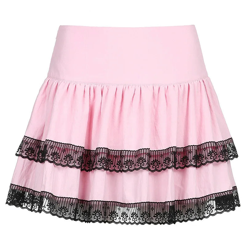 Pink Women's Academy Style Skirt – Vintage Gothic with Double Lace Stitching