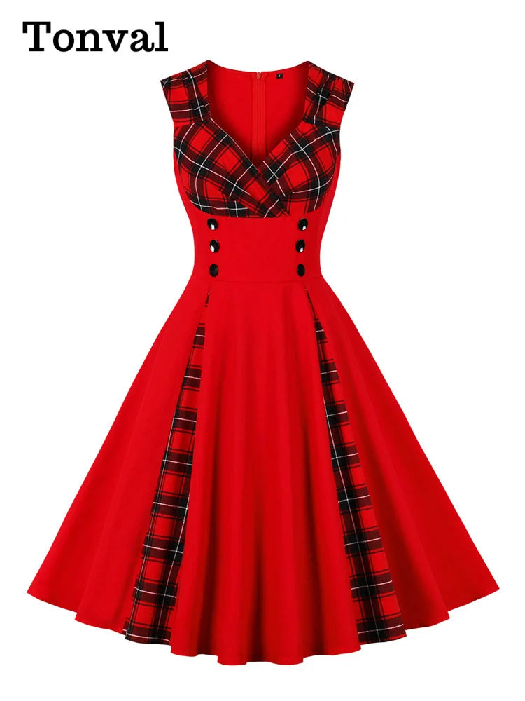 Tonval Black and Tartan Sweetheart Neck Double Breasted 50s Dress - Women's Sleeveless Summer Cotton Rockabilly Vintage Dress