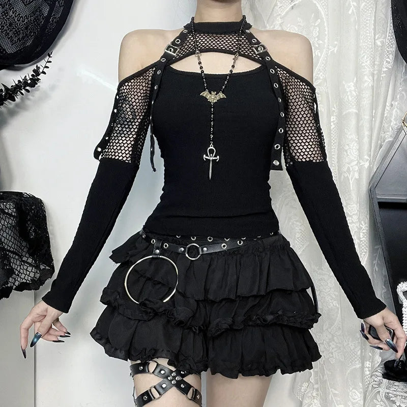 Goth Dark Punk Grunge Off-Shoulder T-Shirt – Fishnet Patchwork Halter Top, Gothic Streetwear for Autumn