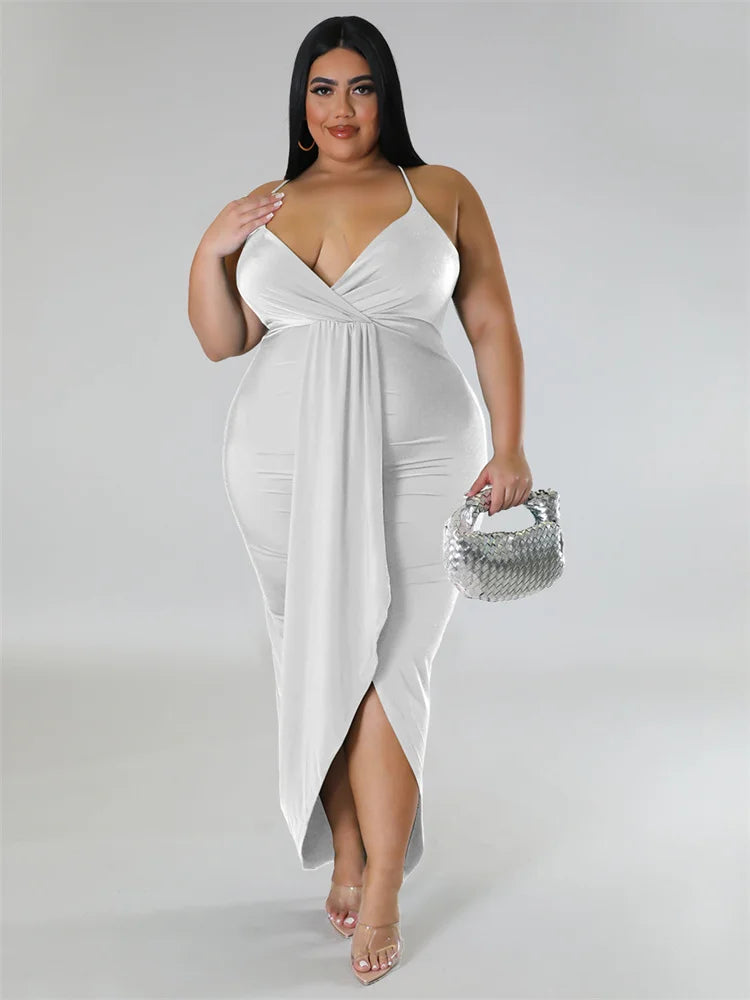 Wmstar Plus Size Summer Dresses for Women Slip Sleeveless Solid V Neck Elegant  Maxi Dress New Clothes Wholesale Dropshipping