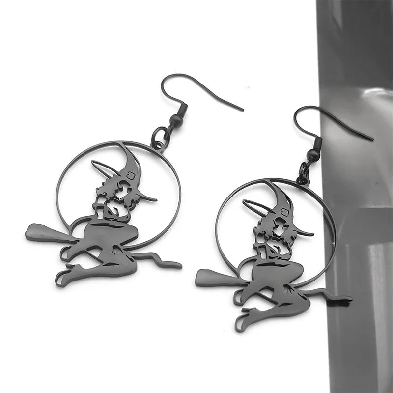 Stainless Steel Dangle Earrings – Witchcraft Black Hollow Pendant, Punk Halloween Jewelry for Women