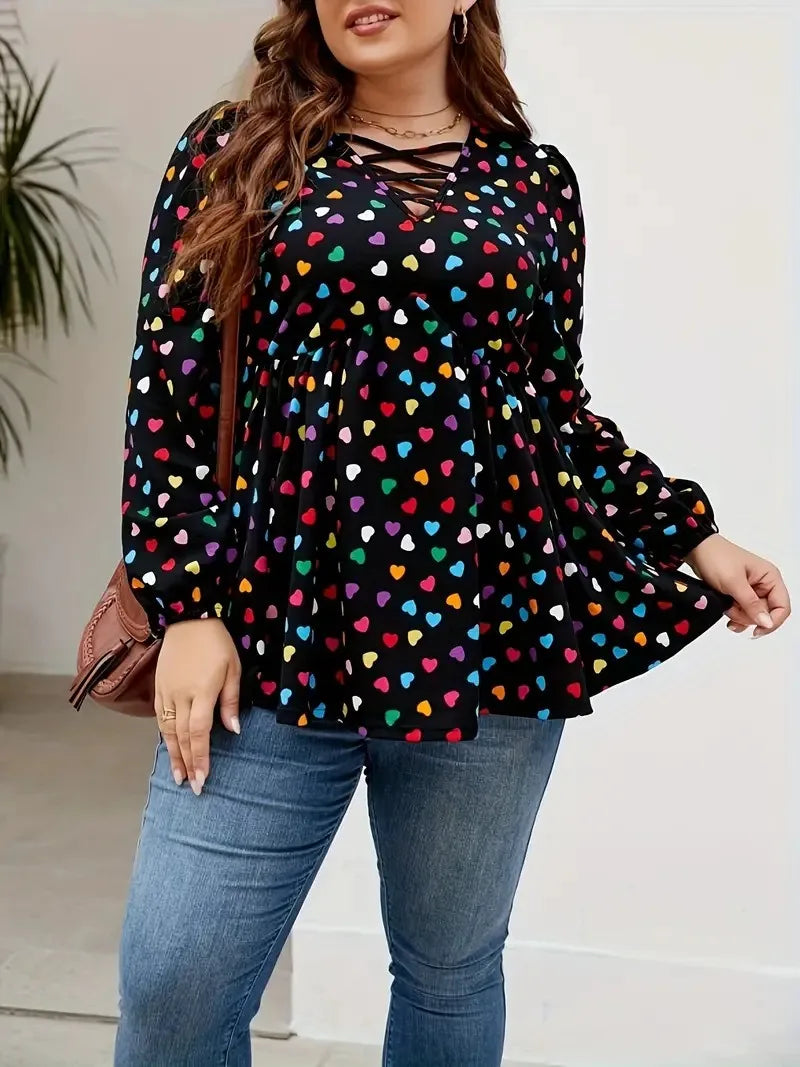 GIBSIE Plus Size Heart Print V-Neck Peplum Blouse for Women 2024