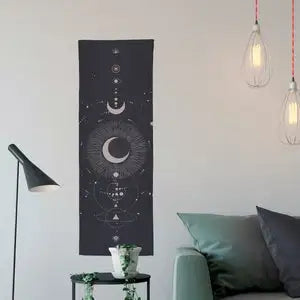 Dark Purple Moon Phases Wall Tapestry - Alchemy Gothic Meditation Decor - Long, Skinny Cotton Wall Hanging, Perfect for Hippie Aesthetic.