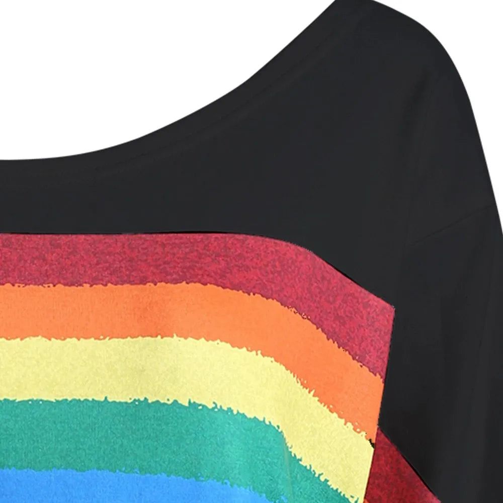 Off The Shoulder Rainbow Stripes Pullover Long Sleeved Women’s Printed Sweatshirt