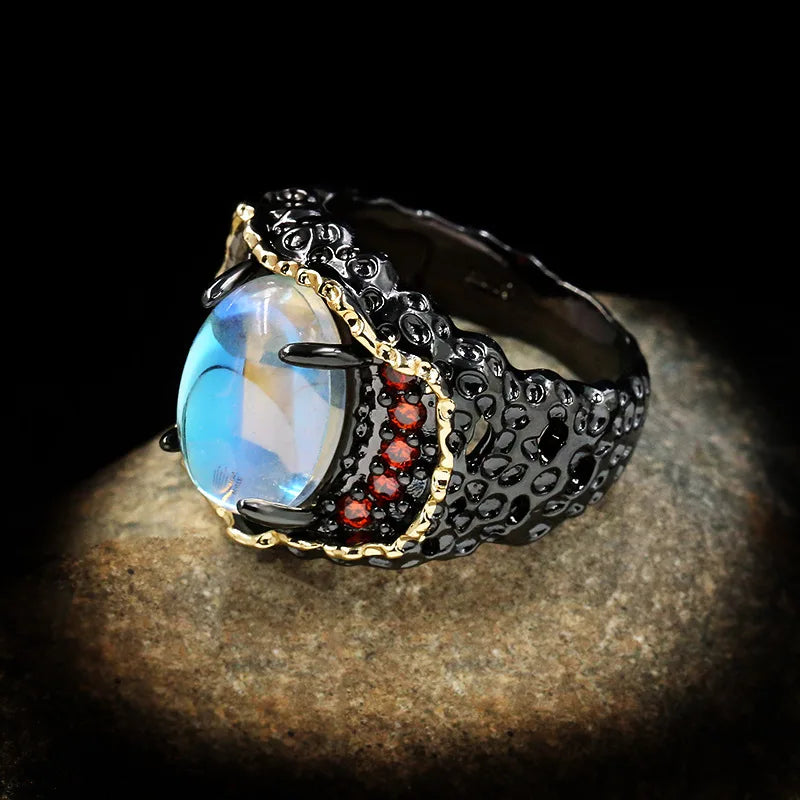 Black Gold Look |Hollow Moonlight Ring | Fashion Red Gemstone Embellished Women's Jewelry