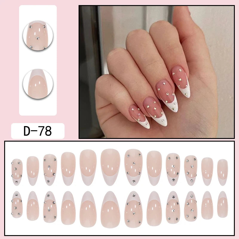 24 Long Almond White French Patterned 3D Diamond Gloss Fake Nails with 1 Nail File and Jelly Glue