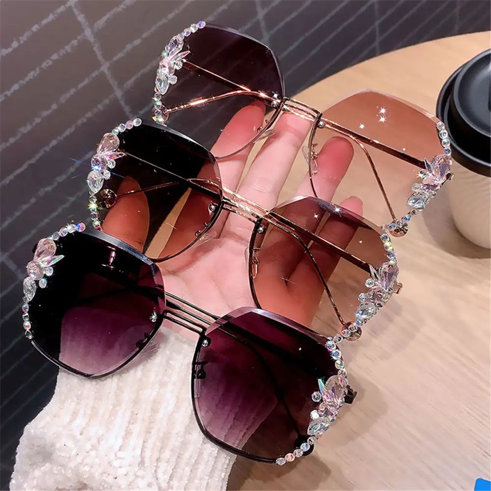 Women's Luxury Brand Designer Sunglasses - Vintage Rimless Rhinestone Gradient Shades | Fashion 2024