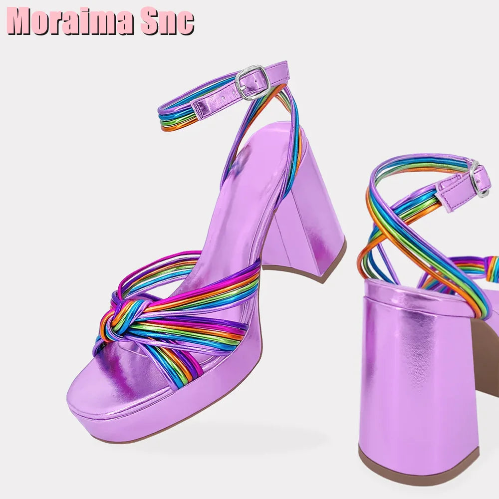 Narrow Band Knot Platform Sandals – Open Toe Chunky Block Heel, Ankle Buckle, Colorful Purple Solid, Sexy Summer Fashion Women's Shoes