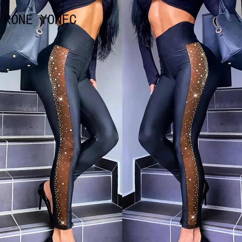 Women Chic High-Waist Black Pencil Pants with Mesh Patchwork and Rhinestone Detail – Spring & Autumn