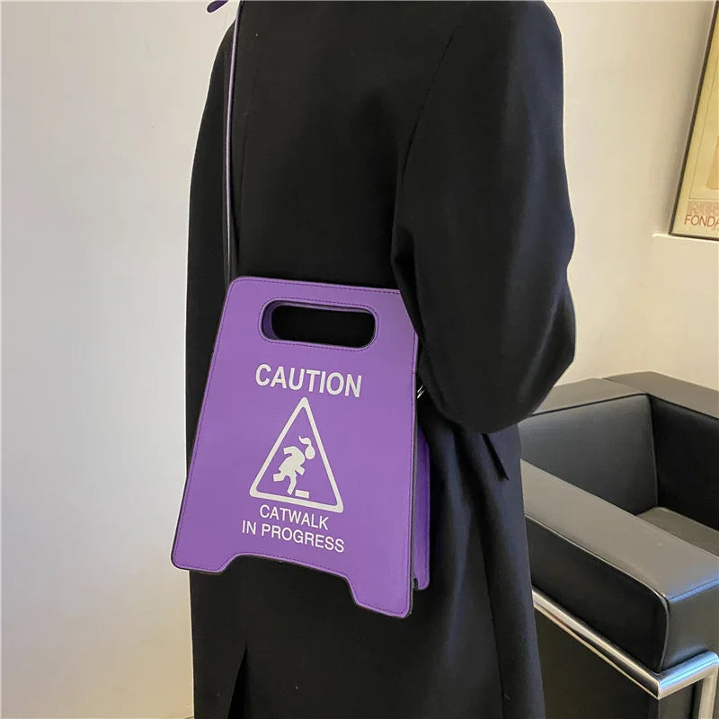 Novelty Sign Purse - Fashionable PU Leather Handbag with Caution Catwalk In Progress Design, Crossbody Messenger Bag