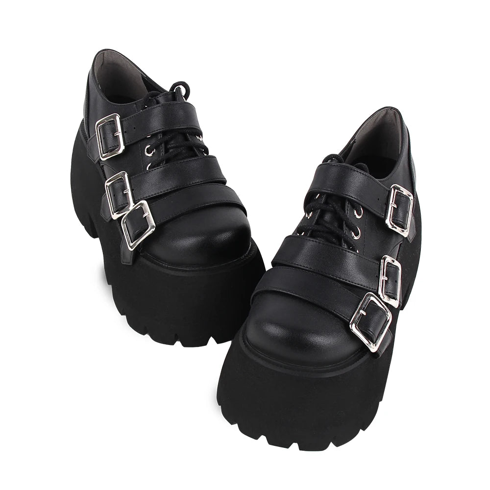 Women’s Lolita Dark Goth Punk Shoes - Chunky Platform Pumps with Laces and Buckles