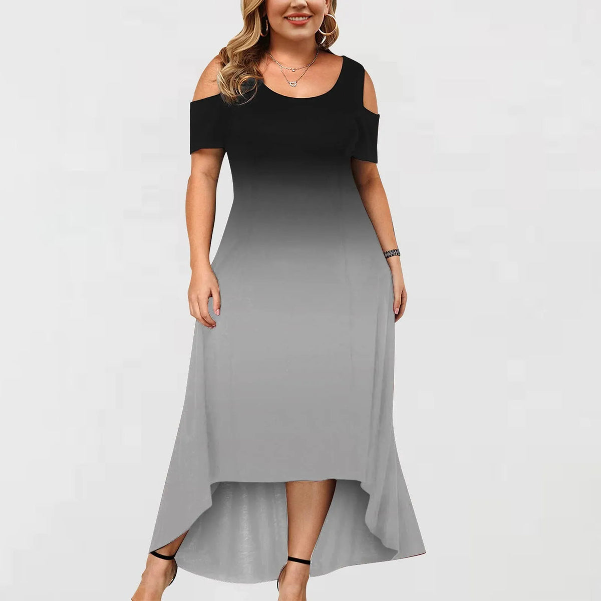 Women’s Plus Size Gradient Midi Dress – Summer 2024 Elegant Off-Shoulder Short Sleeve Evening Party Dress