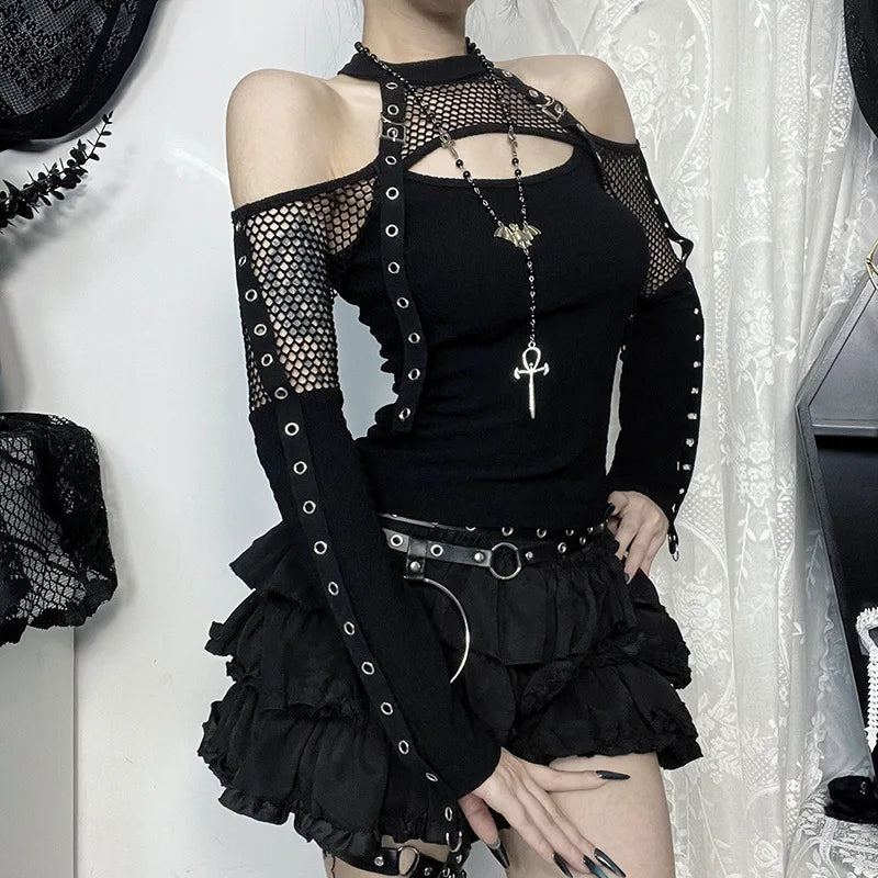 Goth Dark Punk Grunge Off-Shoulder T-Shirt – Fishnet Patchwork Halter Top, Gothic Streetwear for Autumn