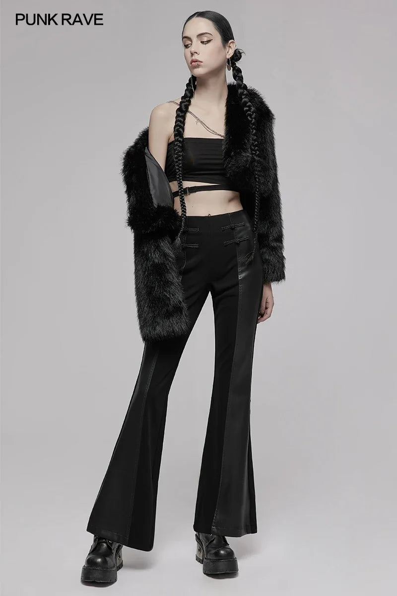 PUNK RAVE Women's Chinese Style High-Waist Flared Pants - PU Spliced Elastic Knitted Trousers for Spring/Autumn, Fashionable and Unique