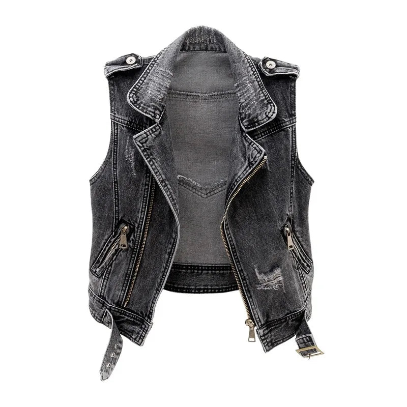 Spring-Summer Women's Slim Sleeveless Denim Jacket - Casual Rocker Vest