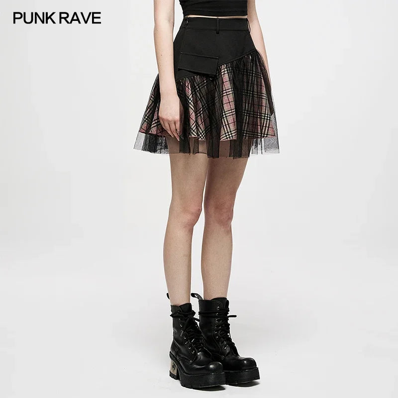 PUNK RAVE Women's Mesh Panel Plaid High-Waist Short Skirt - College Style A-Line Mini Skirt for Spring/Summer