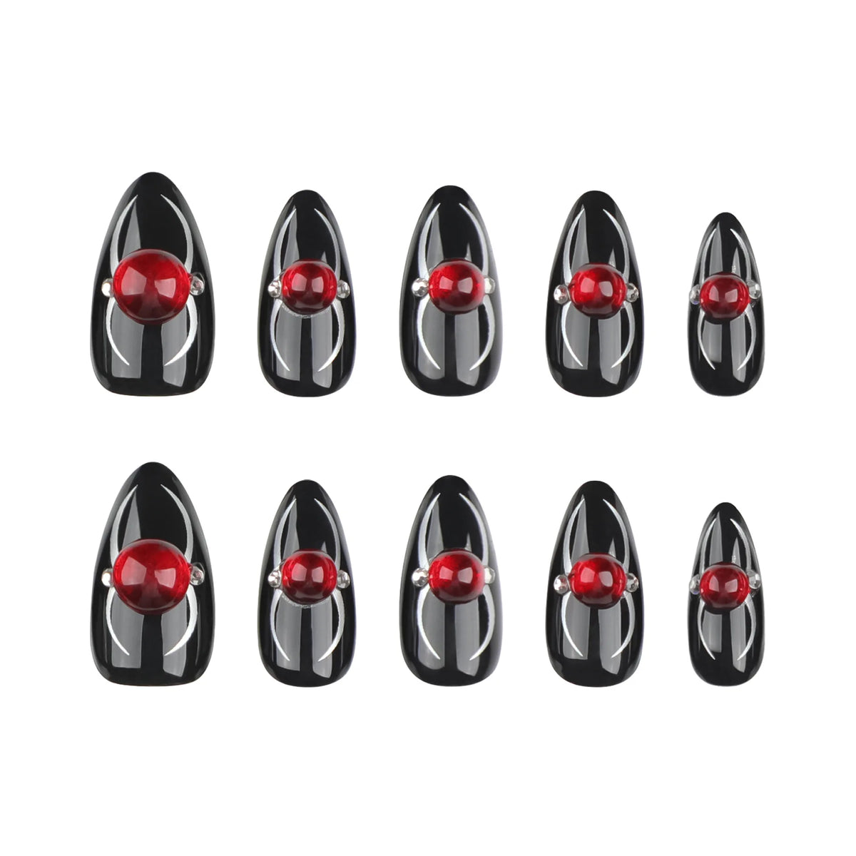 24pcs Halloween Press-On Nails - Red Cat Eye Bead Decor, Almond Shaped, Glossy Black with Spider Design