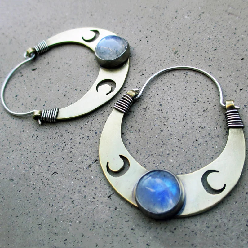 Bohemian Crafted Semi-Circular Moon Earrings with Moonstone Inlay - Retro Hoop Earrings for Women